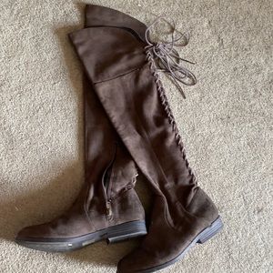 Gray/Brown lace up knee high boots